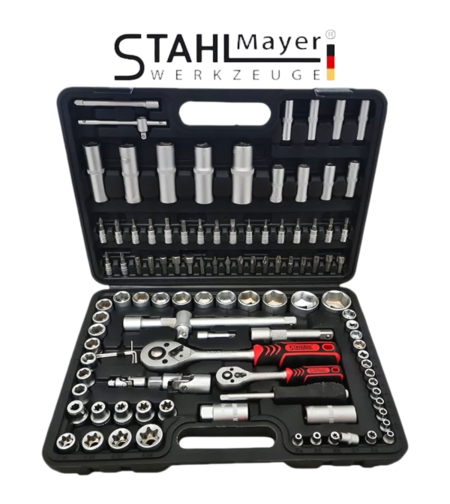 НЕМСКО Гедоре 108 части STAHLМAYER Тресчотка 1/2 и 1/4 Хром Ванадиева Стомана Гедория Комплект Инструменти в Куфар CR-V + ЛЕД ФЕНЕР