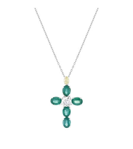8.65 ct Cross necklace with diamonds and emeralds