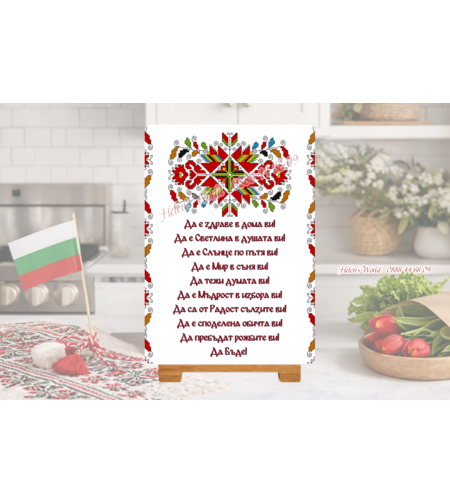 Стъклена персонализирана дъска за рязане Българка шевица 1