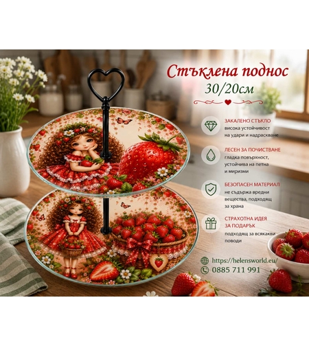 Персонализиран двуетажен стъклен поднос „Ягодоо момиче“ | Уникален подарък за рожден ден