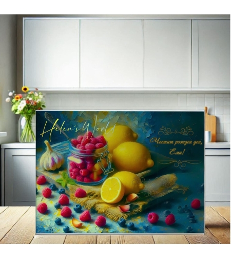 Стъклена дъска за рязане Лимони, чесън и малинки