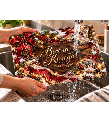 Коледна стъклена дъска „Весела Коледа“ с дървесен и 3D стъклен ефект, показана под течаща вода