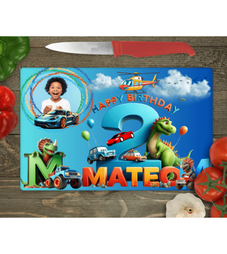 Стъклена дъска за рязане ,Рожден ден коли и динозаври 1