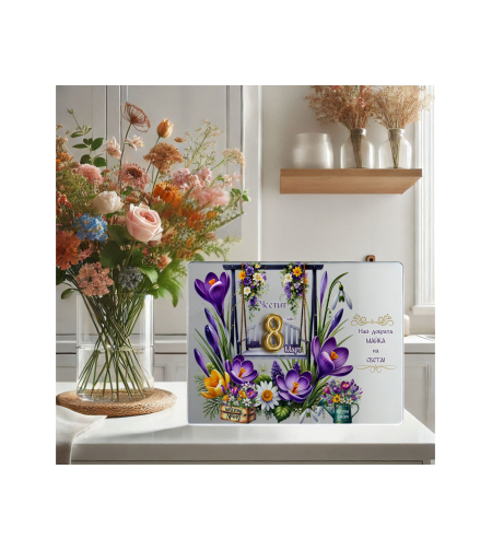 Комплект: Стъклена дъска, чаша и несесер 8ми Март 2