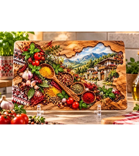 Стъклена дъска България 30x20 см с карта, традиционна къща, подправки и български мотиви