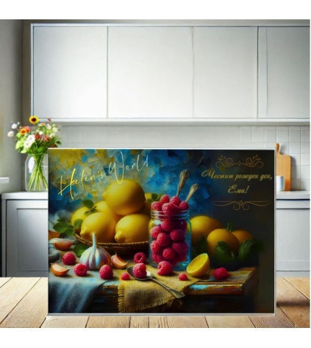 Стъклена дъска за рязане Лимони, чесън и малинки 1