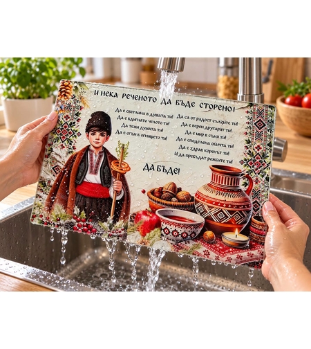 Стъклена дъска за рязане 30×20 см с българска благословия „И нека реченото да бъде сторено“, коледар в народна носия и шевици