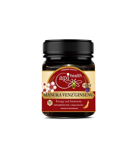 Пчелен мед Манука с пчелна отрова и женшен Ginseng VENZ MGO 100+ Фокус, издръжливост и защита от стрес 250 g