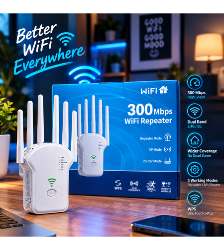 WiFi усилвател 300Mbps 3 в 1, с 6 външни антени, Dual Band 2.4GHz и разширено покритие за стабилна свързаност