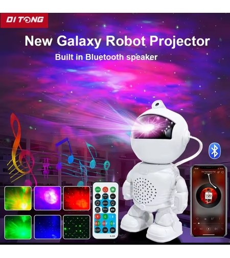 Robot Projector Light – мултифункционална детска нощна лампа, лазерен проектор на звездни галактики и Bluetooth тонколона, оформена като фигура на робот-астронавт.