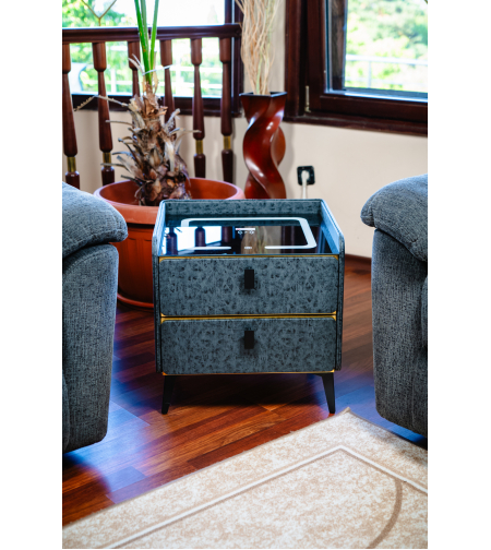 Смарт Шкаф GOLD LINE - безжично зареждане, Bluetooth стерео тонколона 20W, USB-A & USB-C, LED осветление (Цвят: Графитено сив с текстура)