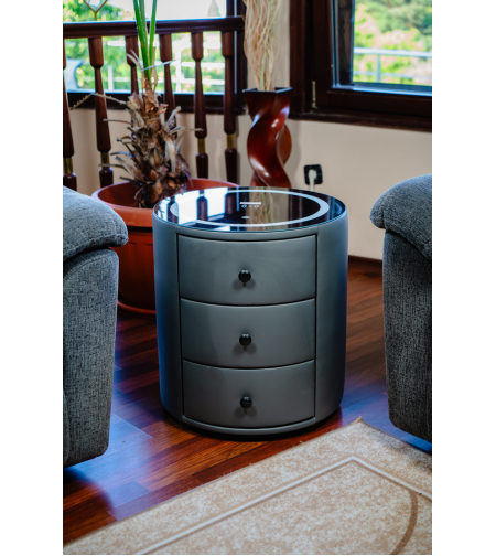 Смарт Шкаф SPHERE - безжично зареждане, Bluetooth стерео тонколона 20W, USB-A & USB-C, LED осветление (Цвят: Тъмно Сив)