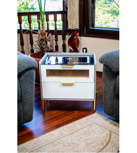 Смарт Шкаф VISION - безжично зареждане, Bluetooth стерео тонколона 20W, USB-A & USB-C, LED осветление (Цвят: Бял & Сив)