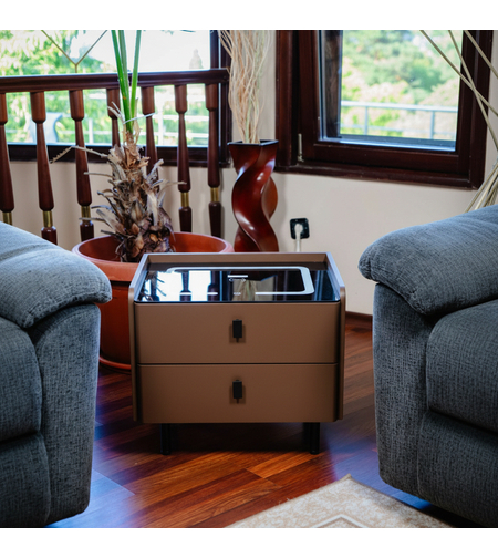 Смарт Шкаф LINEA - безжично зареждане, Bluetooth стерео тонколона 20W, USB-A & USB-C, LED осветление (Цвят:Кафяв)