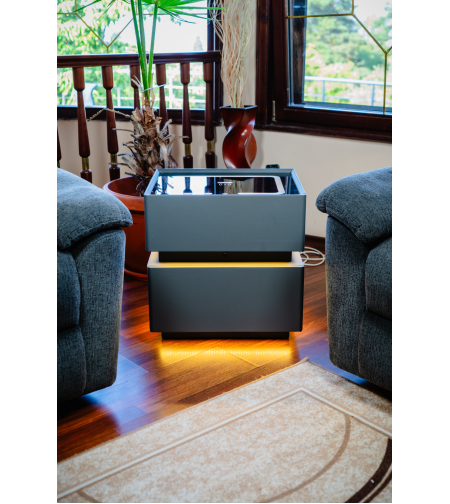 Смарт Шкаф SENSOR GLOW - безжично зареждане, Bluetooth стерео тонколона 20W, USB-A & USB-C, LED осветление (Цвят: Тъмно Сив)