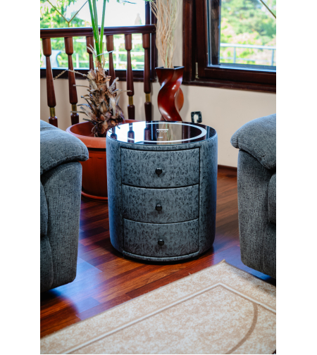 Смарт Шкаф SPHERE - безжично зареждане, Bluetooth стерео тонколона 20W, USB-A & USB-C, LED осветление (Цвят: Графитено сив с текстура)