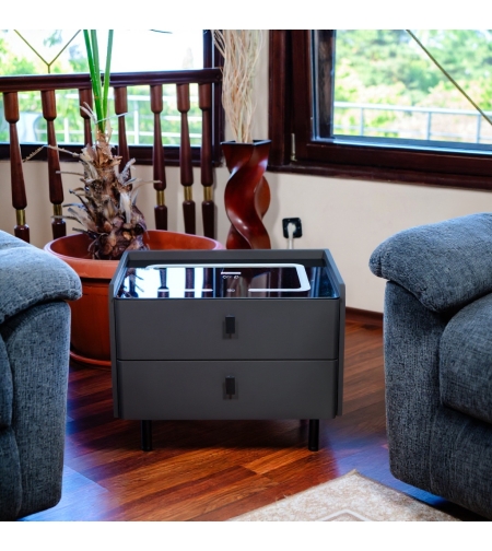 Смарт Шкаф LINEA - безжично зареждане, Bluetooth стерео тонколона 20W, USB-A & USB-C, LED осветление(Цвят: Тъмно Сив)