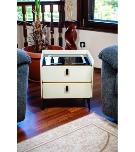 Смарт Шкаф GOLD LINE - безжично зареждане, Bluetooth стерео тонколона 20W, USB-A & USB-C, LED осветление (Цвят: Бял)