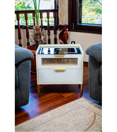 Смарт Шкаф VISION - безжично зареждане, Bluetooth стерео тонколона 20W, USB-A & USB-C, LED осветление (Цвят: Бял)