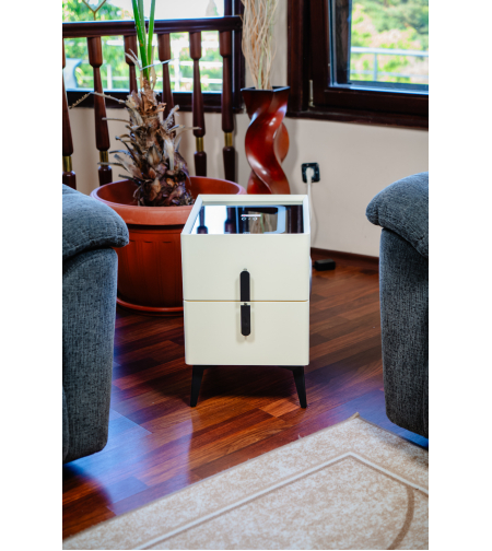 Смарт Шкаф MINI - безжично зареждане, Bluetooth стерео тонколона 20W, USB-A & USB-C, LED осветление (Бял цвят)