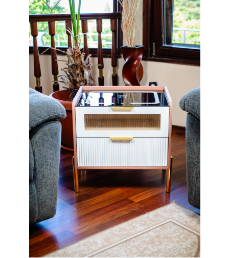 Смарт Шкаф VISION - безжично зареждане, Bluetooth стерео тонколона 20W, USB-A & USB-C, LED осветление (Цвят: Бял & Розов)