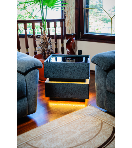 Смарт Шкаф SENSOR GLOW - безжично зареждане, Bluetooth стерео тонколона 20W, USB-A & USB-C, LED осветление (Цвят: Графитено сив с текстура)