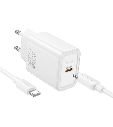 Зарядно устройство комплект HOCO N60, 20W, 3A, 1x USB-C + USB-C, Бяло