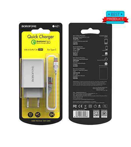 18W BOROFONE BA21A Зарядно устройство с Usb Type-c кабел, QC3.0 / 3A, поддържа бързо зареждане - Бял