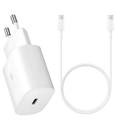 Оригинално зарядно устройство комплект , 25W, 3A, 1 x USB-C, с USB-C кабел, в плик, Бяло