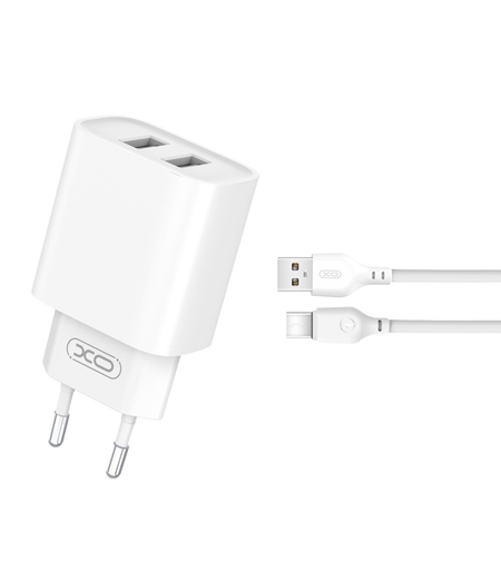 Зарядно устройство комплект  2x USB 2,1A + USB-C кабел, Бяло