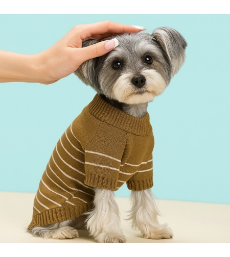 Фин пуловер на райета за кучета - пясъчно кафяв
