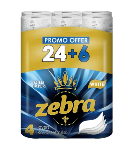Тоалетна хартия Zebra White, 4 пласта, 30 ролки