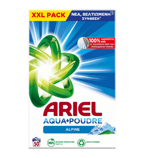 Прах за пране Ariel Aqua Poudre Alpine, 3,250 кг, 50 пранета
