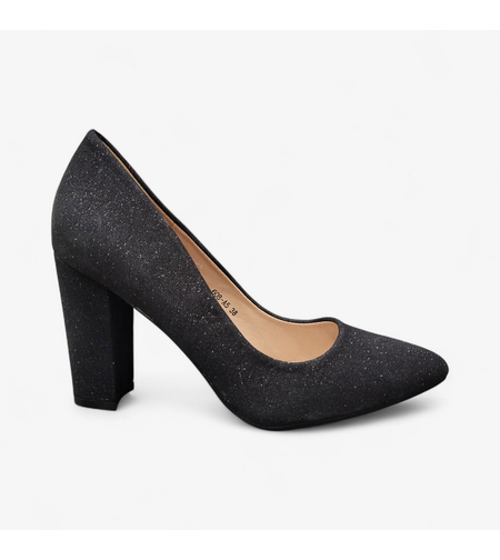 Официални дамски обувки с блясък на дебел ток - Черен брокат | 608-A5 black