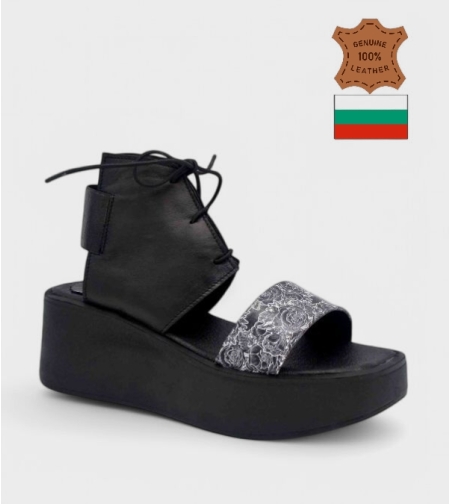 Дамски Сандали на Платформа 22258-1457 Nero – Черни, Естествена Кожа, Флорален Дизайн
