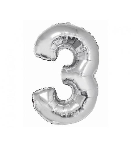 Фолиев балон - цифра 3 - сребро - 76см