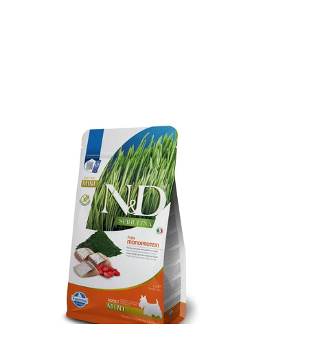 N&D SPIRULINA HERRING ADULT MINI – храна за кучета от малки породи с херинга, спирулина и годжи бери