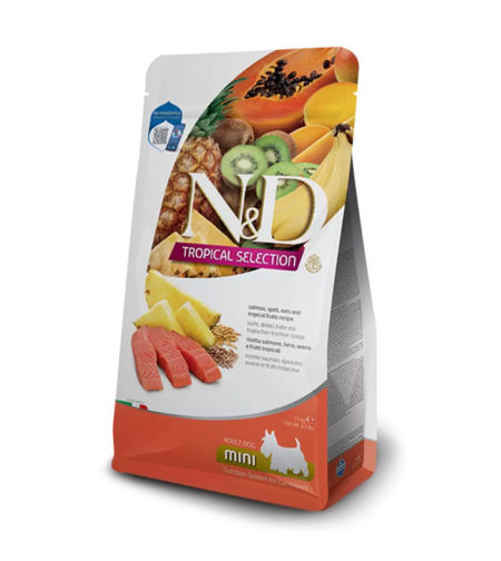 N&D Tropical Dog Adult MINI Salmon – суха храна за кучета над 1 година от дребни породи, със сьомга и тропически плодове
