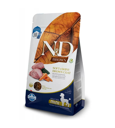 N&D Spirulina Brown Dog Lamb Adult Mini – Суха Храна без Зърнени Култури за Кучета с Кафява Козина от Мини Породи с Агнешко, Спирулина и Морков