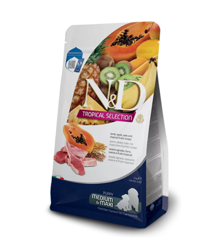 N&D Tropical Puppy Medium & Maxi Lamb – суха храна за подрастващи кученца от средни и едри породи с агнешко, спелта, овес и тропически плодове