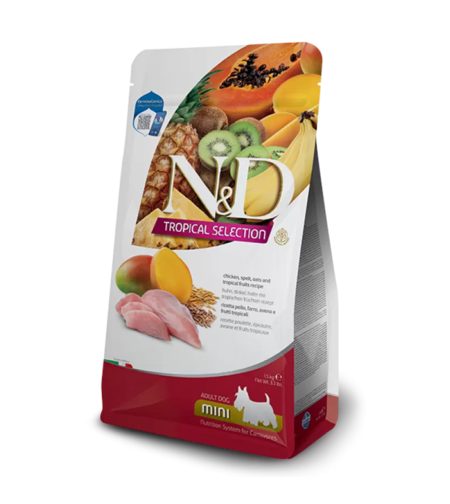 N&D Tropical Dog Adult MINI Chicken – суха храна за кучета над 1 година от дребни породи, с пилешко и тропически плодове N&D