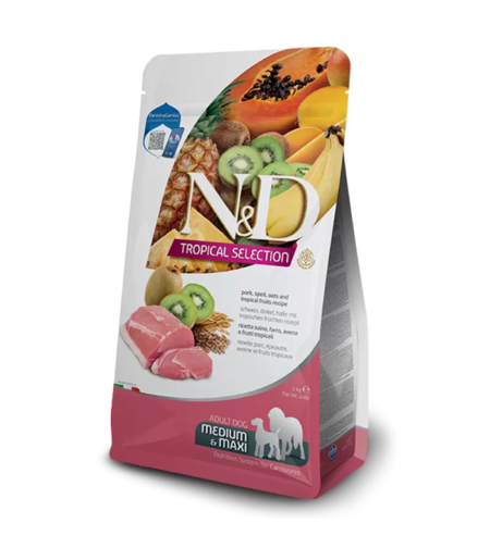 N&D Tropical Dog Adult Medium Maxi Pork – суха храна за кучета над 1 година от средни и едри породи, със свинско и тропически плодове