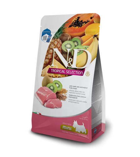 N&D Tropical Dog Adult MINI Pork – суха храна за кучета над 1 година от дребни породи, със свинско и тропически плодове