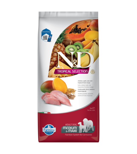 N&D Tropical Dog Adult Medium Maxi Chicken – суха храна за кучета над 1 година от средни и големи породи, с пилешко и тропически плодове