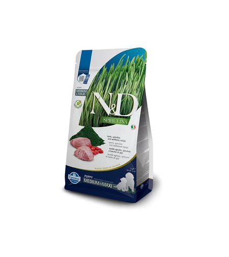 N&D SPIRULINA LAMB PUPPY MEDIUM&MAXI – храна за подрастващи кучета от средни и големи породи с агнешко, спирулина и годжи бери