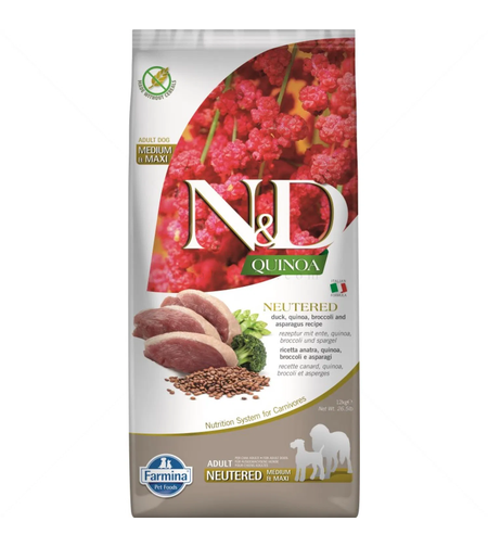 N&D Dog Quinoa за кастрирани кучета от средни и едри породи с патешко месо, киноа, броколи и аспержи на възраст над 1 година