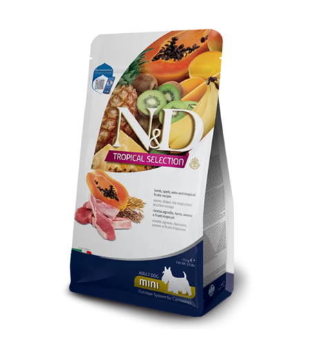 N&D Tropical Dog Adult MINI Lamb – суха храна за кучета над 1 година от дребни породи, с агнешко и тропически плодове