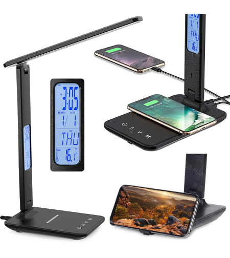 LED училищна настолна лампа usb часовник qi зарядно устройство