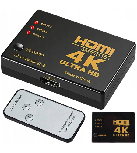 Превключете 3x на 1 hdmi 4k uhd сплитер + инфрачервено дистанционно