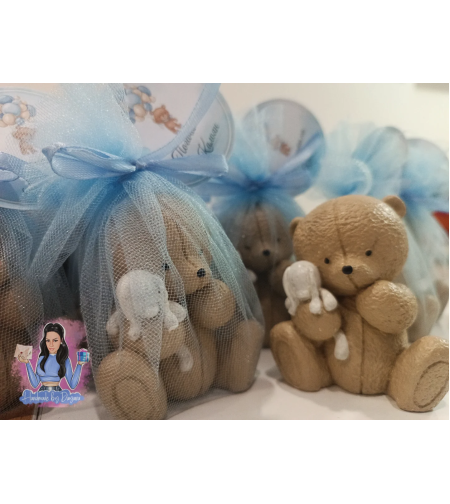 Подаръци за гости - мече със зайче в син тюл